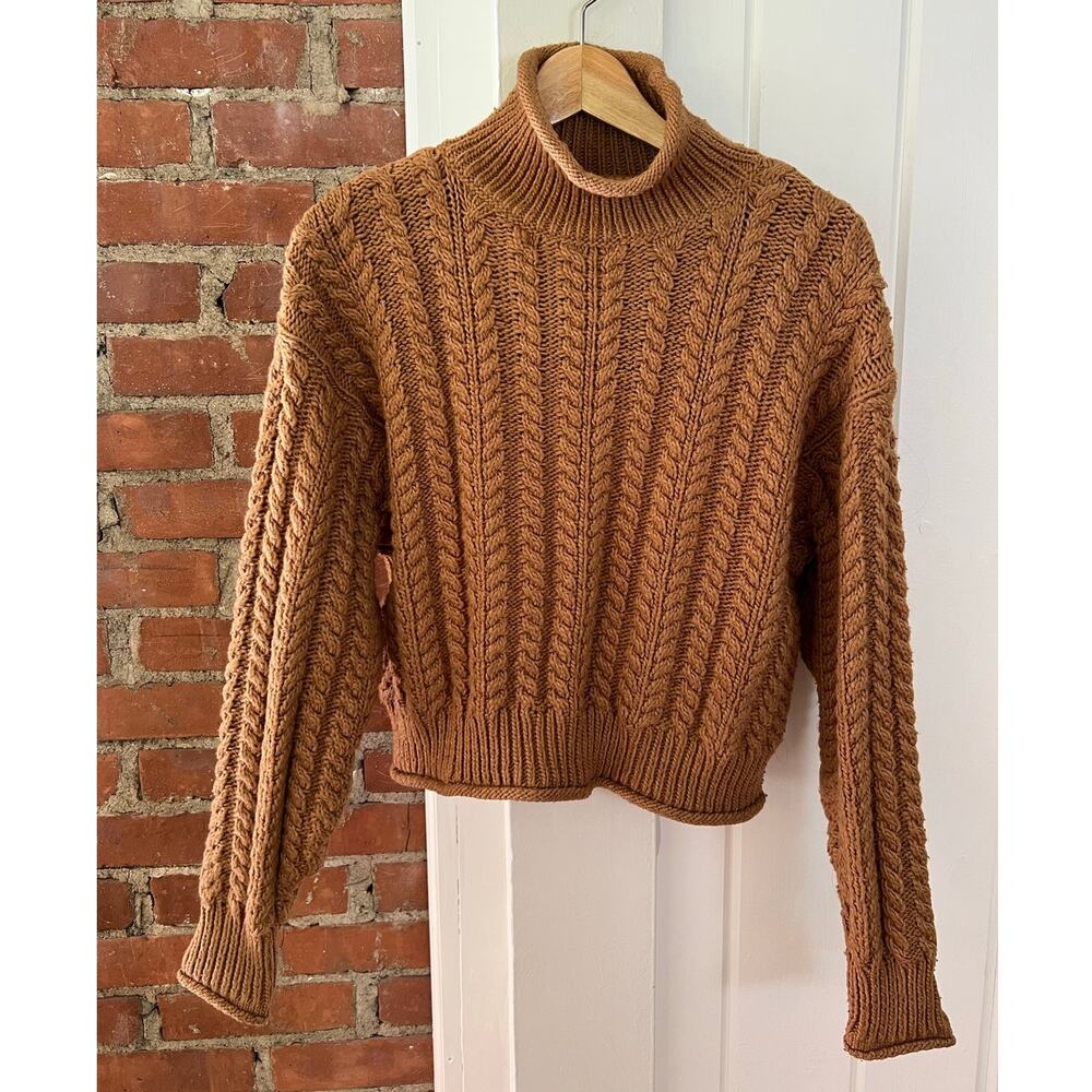 H&M Camel Brown Chunky Cable Knit Mock Neck Cropped Sweater M